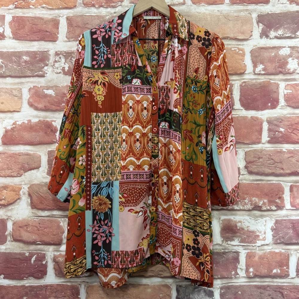 VTG Sunny Leigh Top Women's 1X Multicolor Boho Floral Patchwork Button Up Shirt